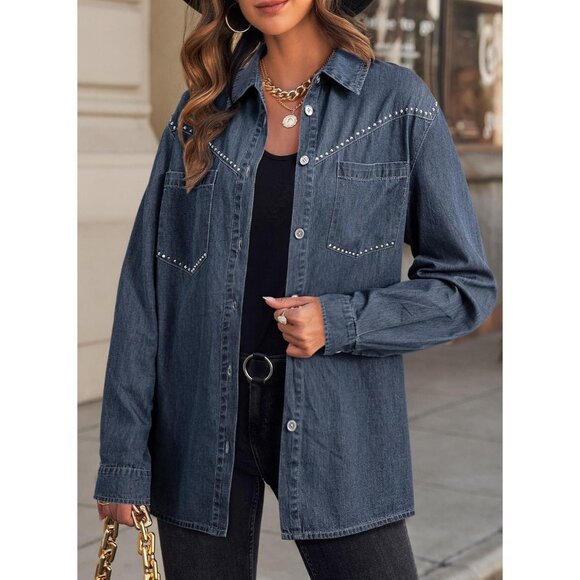 Women's Denim Shirt Long Sleeve Button Down V Neck Denim Jacket Ashleigh Blue - Picture 4 of 5